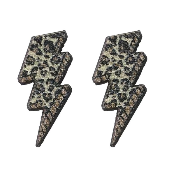 Lightning Bolt Stud Wooden Earrings Leopard Pattern - Picture 1 of 3